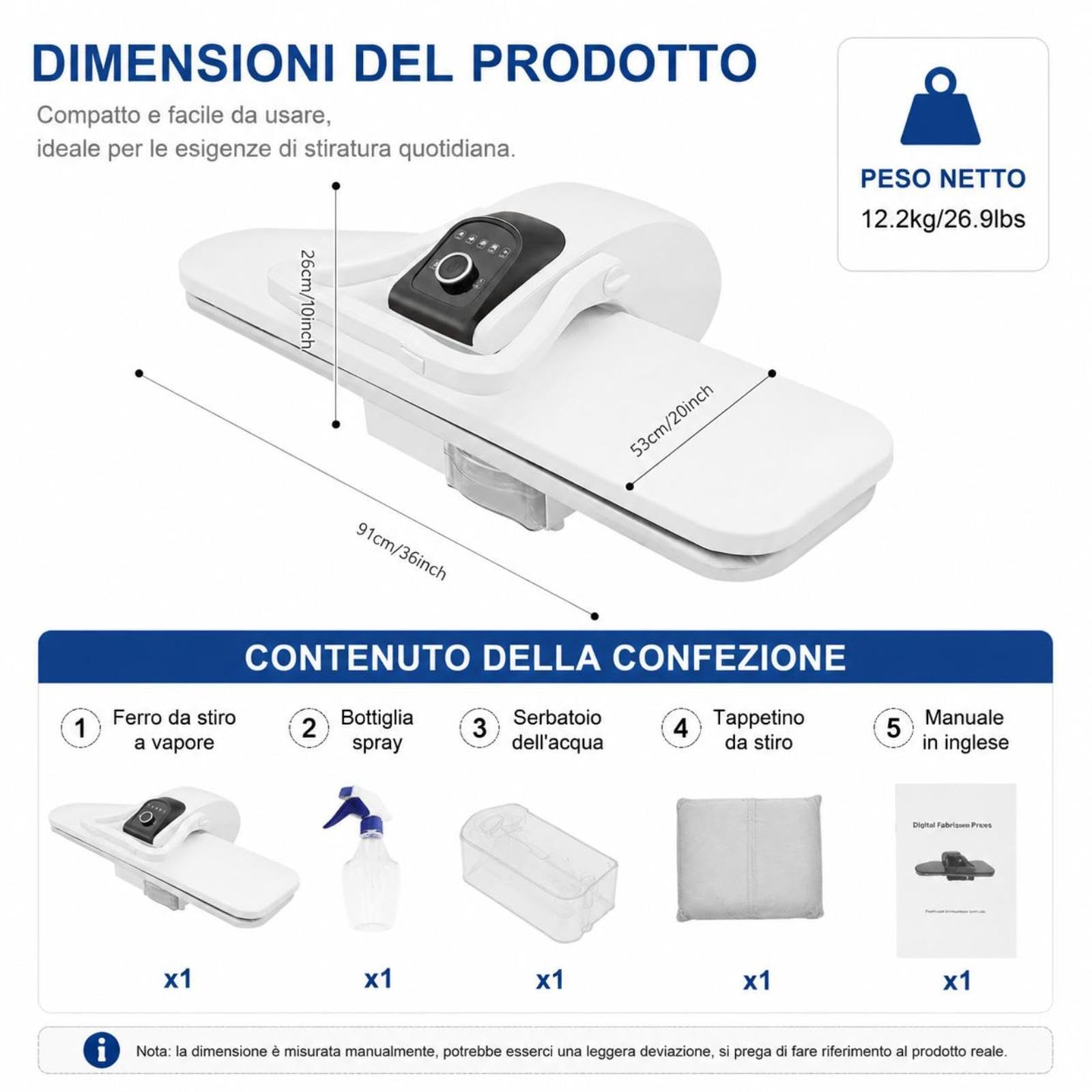 Pressa a vapore professionale, 2200 W, macchina da stiro intelligente, 91 cm, intervallo di temperatura 90-200 °C, 5 livelli di temperatura, forza autobloccante 8 kg, stiratura super veloce (bianco)