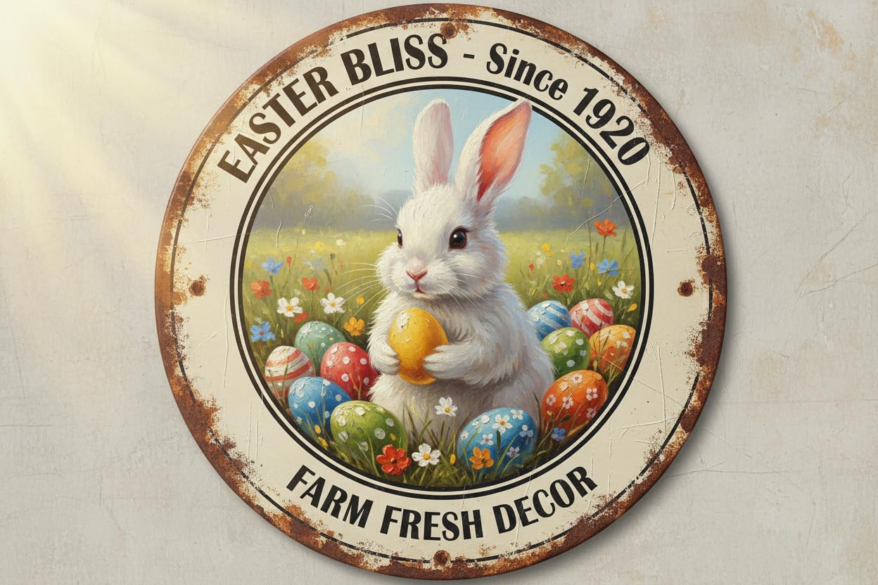 Rabbit Easter Egg Round Metal Tin Sign Vintage Wall Art for Home Farmhouse Kitchen Living Room 12x12inch
