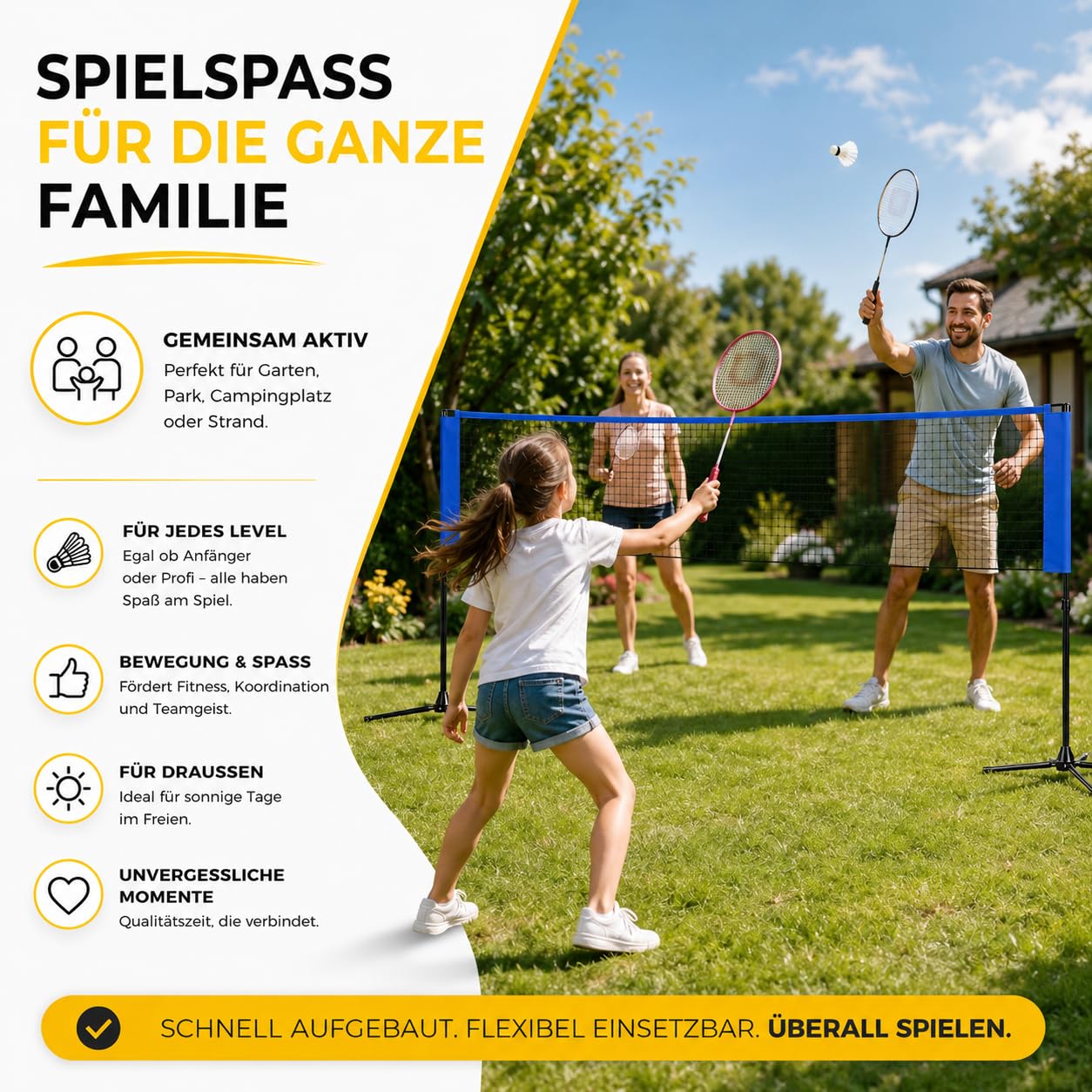 3,1 m faltbares Badmintonnetz - mit Tragetasche und höhenverstellbarem Ständer 107/105/150 cm Nylon Federballnetz für Federball Badminton Tennis Volleyball Beachvolleyball einfach auf und abbaubar