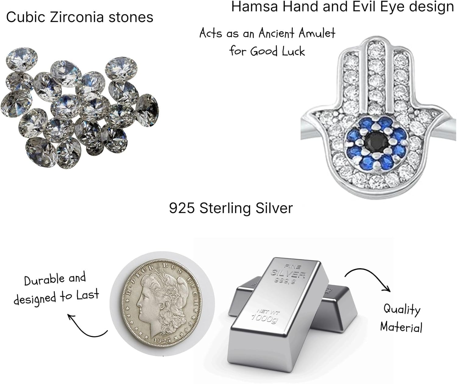 925 Sterling Silver Hamsa Ring for Women, Evil Eye Jewelry, Protection Amulet
