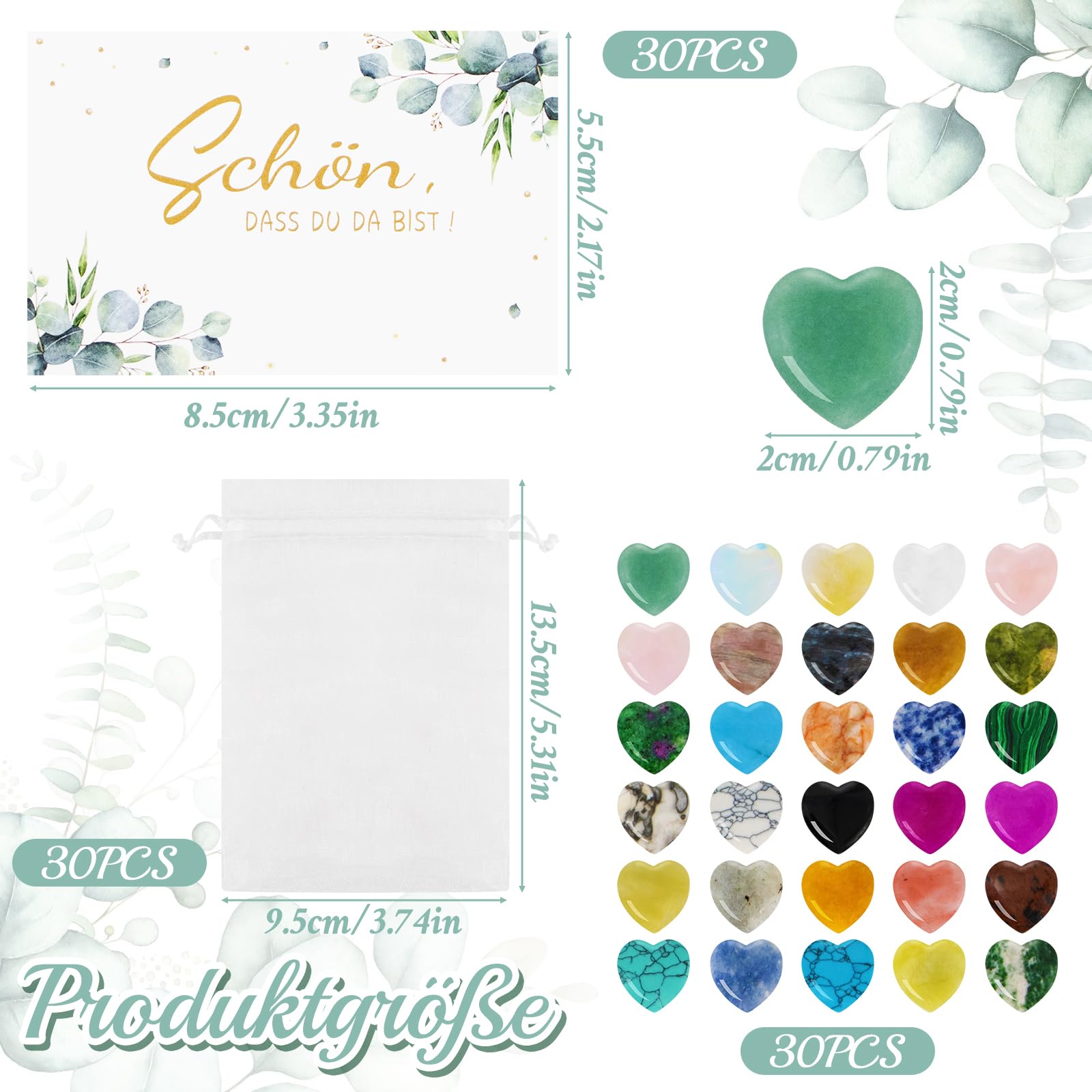 ZYNERY 30 Stück Herz Steine Gastgeschenk Hochzeit mit Karte im Organzasäckchen Schön dass du da bist Gastgeschenk Herzsteine für Hochzeit Gastgeschenke Taufe Kommunion