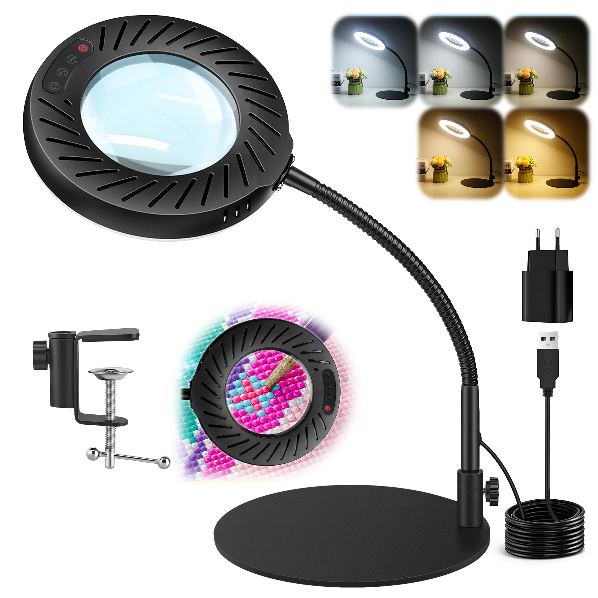 Akynite 12X Lente Ingrandimento con Luce da Tavolo, 2A Adattatore incluso, 5 Modalità Colore 9 Luminosità, Lente da Tavolo con Luce per Lavori di Precisione Ricamo Modellismo Unghie, Base Stabile