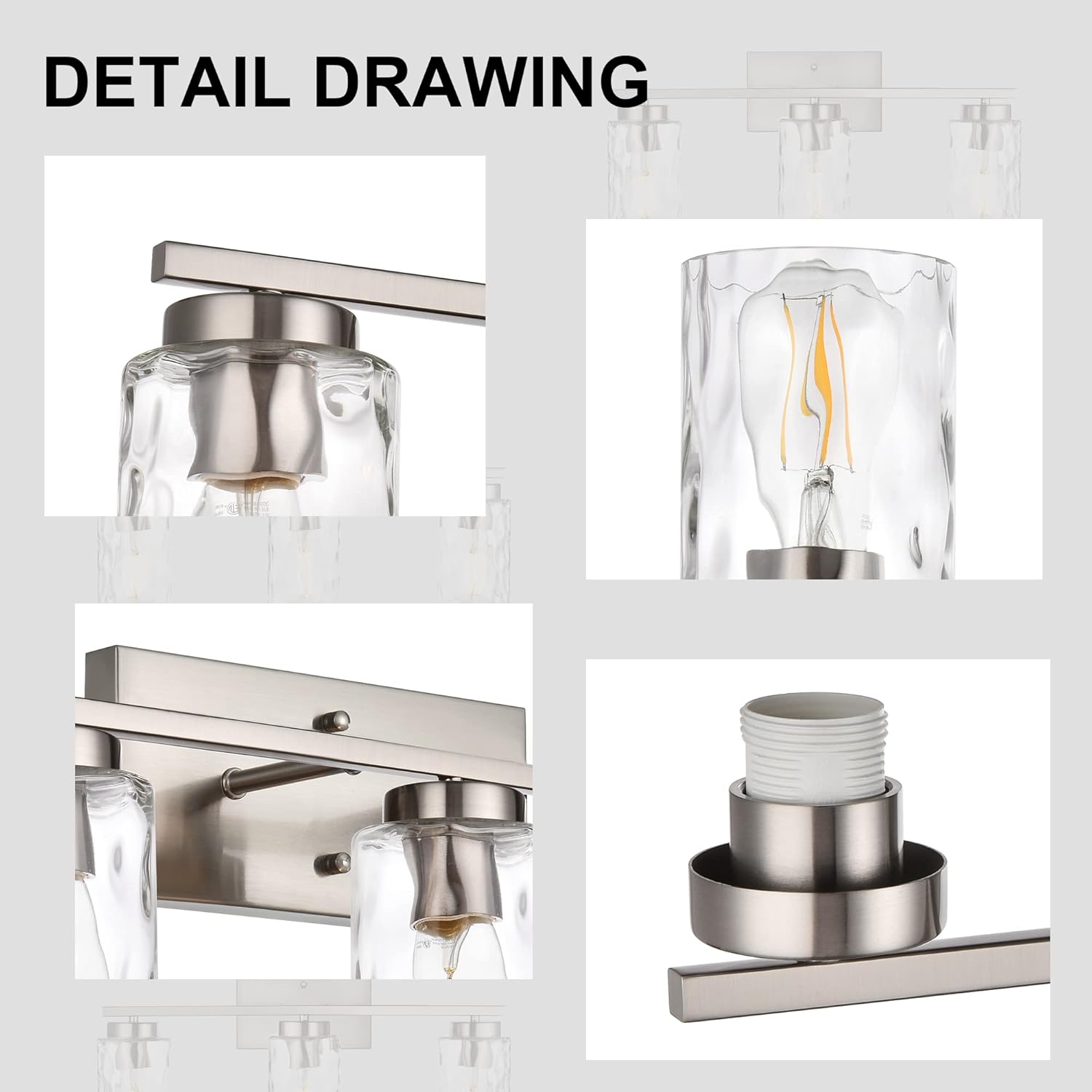 Bathroom Light Fixture Over Mirror 3 Light Farmhouse Vanity Lights for Bathroom Modern Brushed Nickel Sconces Wall Lighting Flush Mount Fixtures with Clear Hammered Shade, E26 Socket