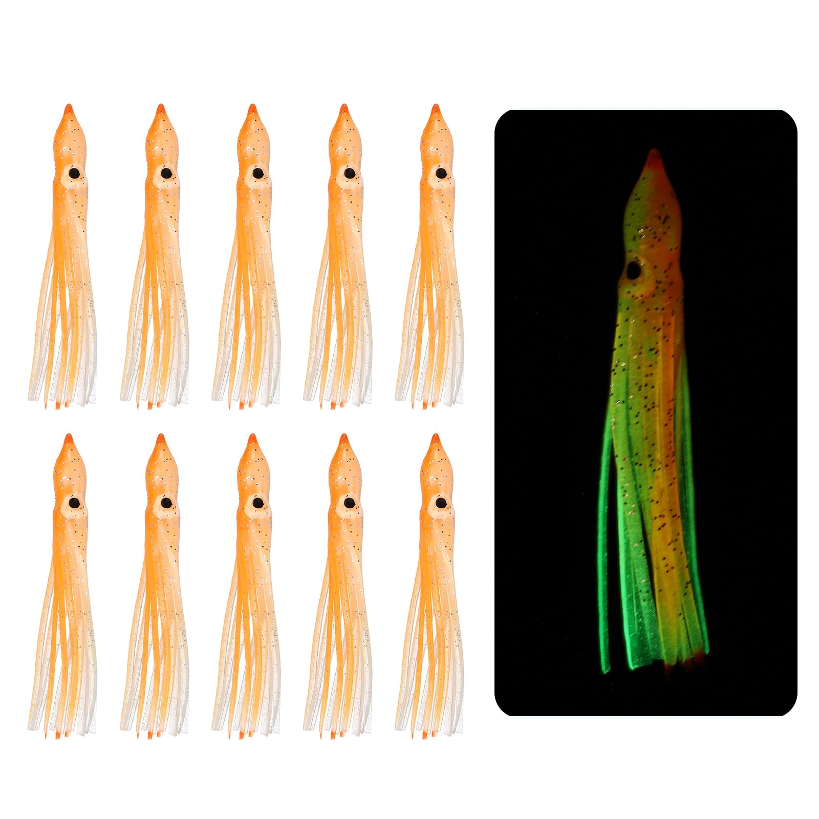 YELARXI Fishing Squid Skirts, Glow Soft Plastic Trolling Lures Luminous 3.5 x 0.4 Inch & 10 Pcs & Clear/Orange -Fitting for (Bass/Trout/Salmon/Saltwater/Fishing Bait)