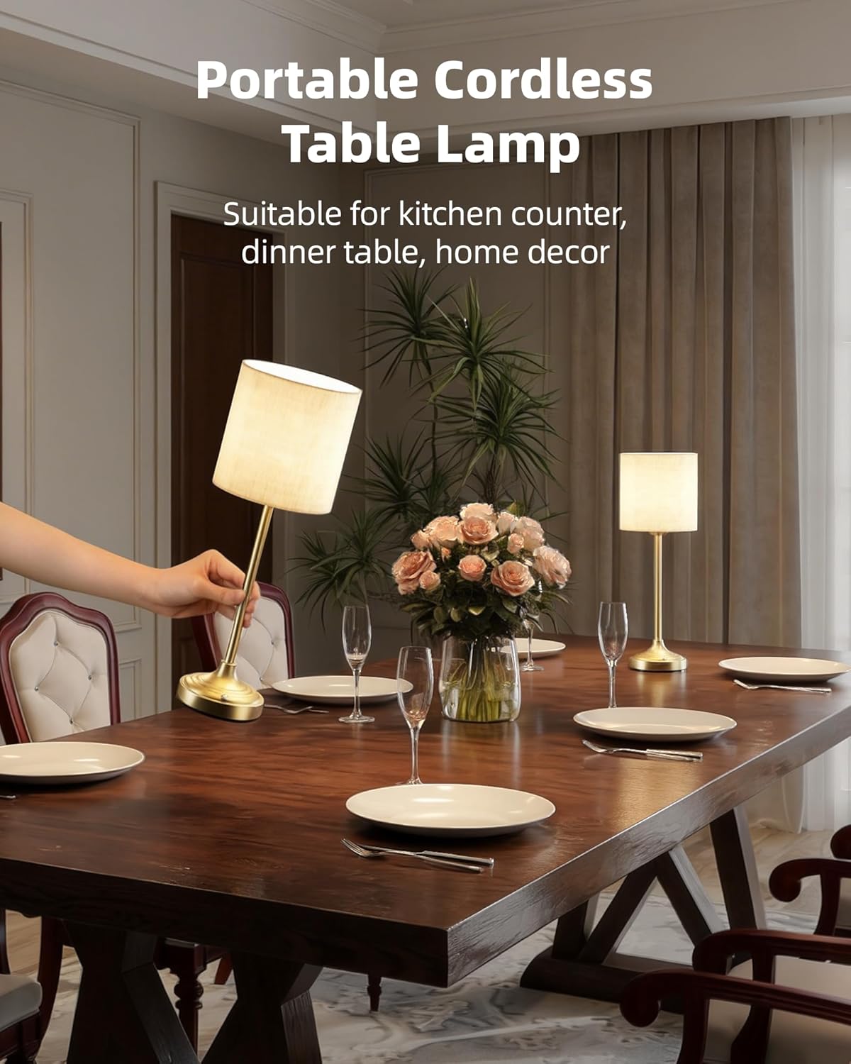 Rechargeable Table Lamp, 2-Pack, 8000mAh, Dimmable, Ambient Light, 2700K, Touch Control, Portable, LED, Wireless, Cordless, Battery Operated, Desk Lamp, Kitchen Lamp, Fabric Shade, for Dining Room