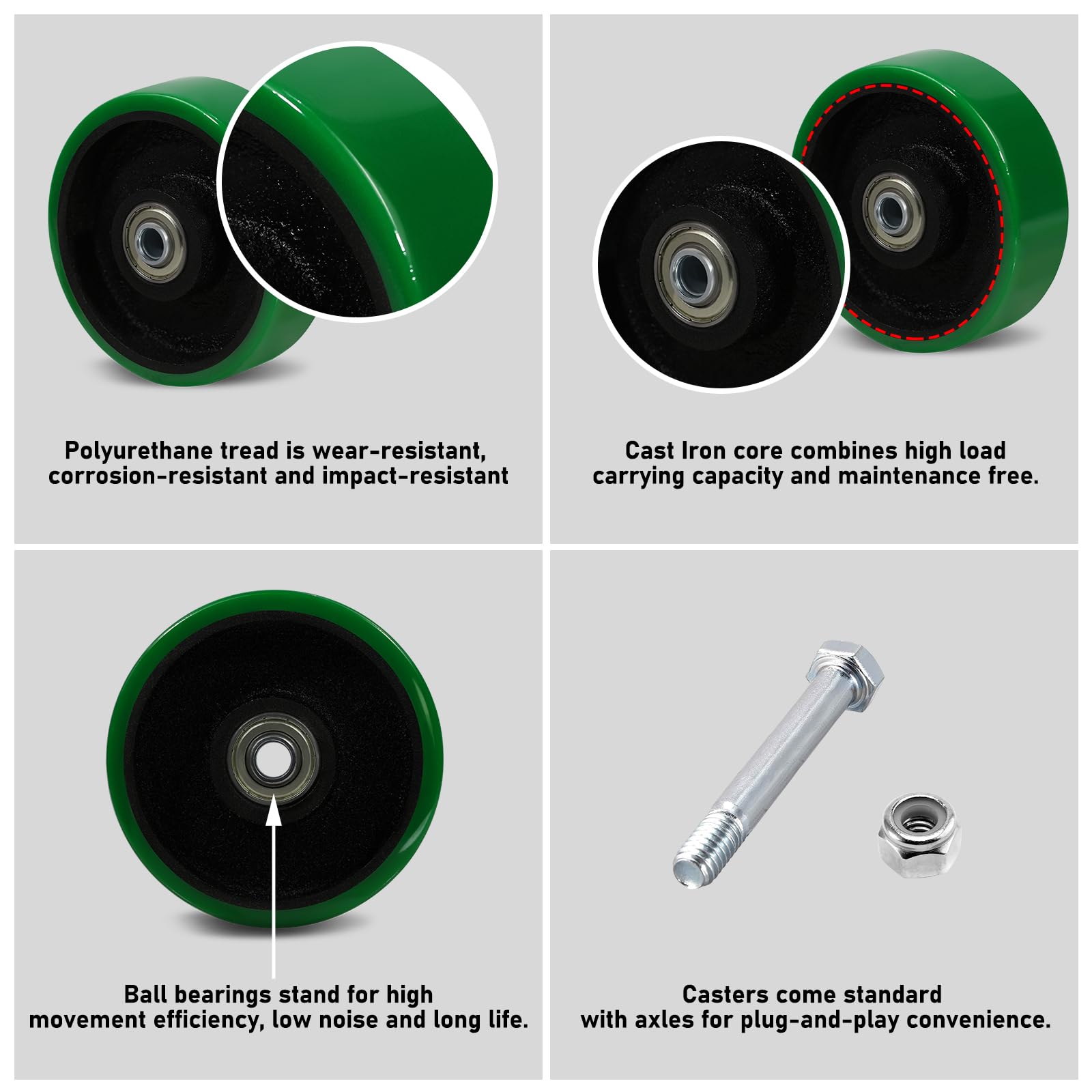 Set di 4 ruote di ricambio in poliuretano su ghisa, con cuscinetto a sfera da 0,95 mm, ruote resistenti con capacità di 680,4 kg