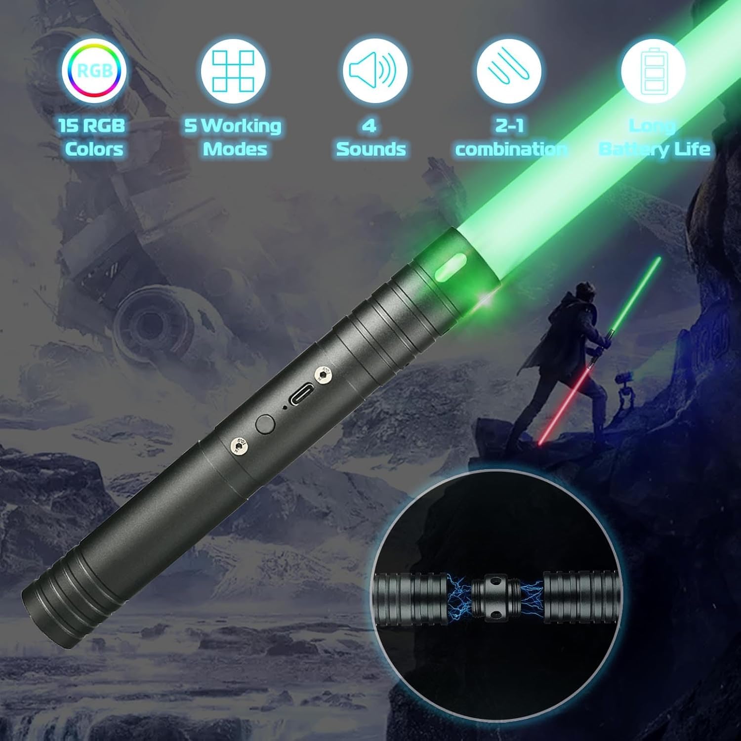 Laserschwert Kinder, USB-C Lade Lichtschwert Kinder, RGB 15 Farben 2 in 1 Lichtschwert, Duell Lightsaber mit 4 Modi, Metallgriff Lichtschwerter, Laser Schwert Kinder und Erwachsene 60cm x 2pc Schwarz