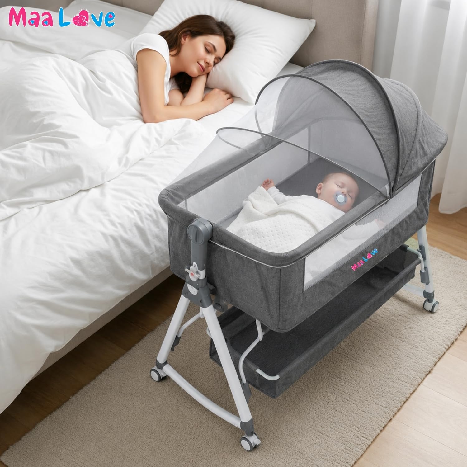 MaaLove Premium Bedside Crib for Baby with Rocking Bassinet for New Born with 4 Height Adjustable & Recline Baby Cot with Mosquito Net&Storage Box Bedside Cribs & Cots for 0 to 2 Years (Grey) 3