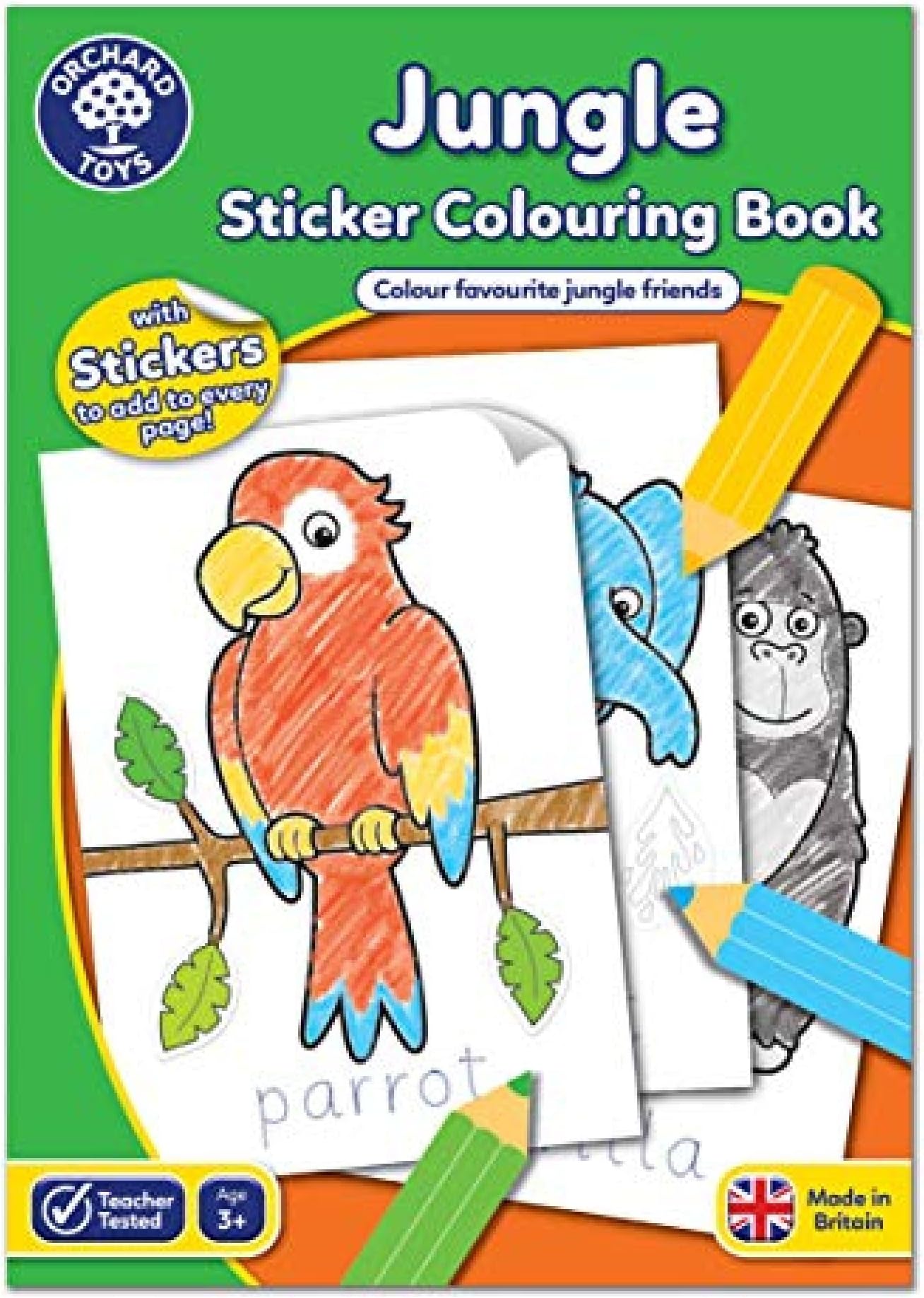 Orchard Toys Jungle Sticker Colouring Book - Educational Colouring Activity Book - Colour and Write Jungle Animals - Kids age 3 Years +