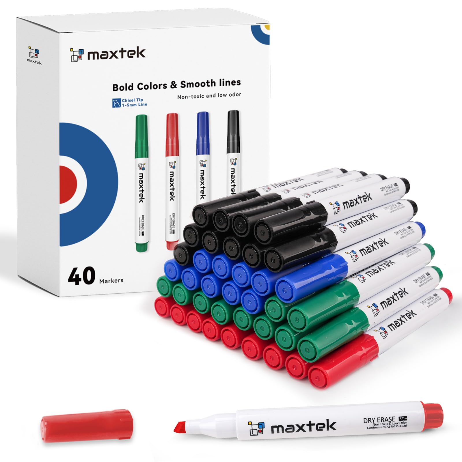 maxtek Low Odor Dry Erase Markers Chisel Tip, 4 Assorted Color | 40 Bulk, Whiteboard Markers, For Classroom, Teachers, Office, School Supplies-image-7