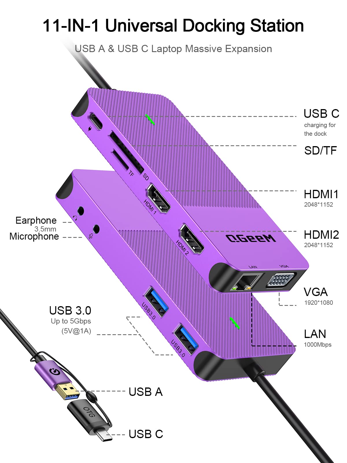 QGeeM USB 3.0 Laptop Docking Station, Triple Display USB Hub Hdmi Dual Monitor,USB Dock with 2 HDMI, VGA, USB 3.0, Card Reder Compatible for MacBook M1 M2 M3 M4 Dell HP Lenovo -Purple