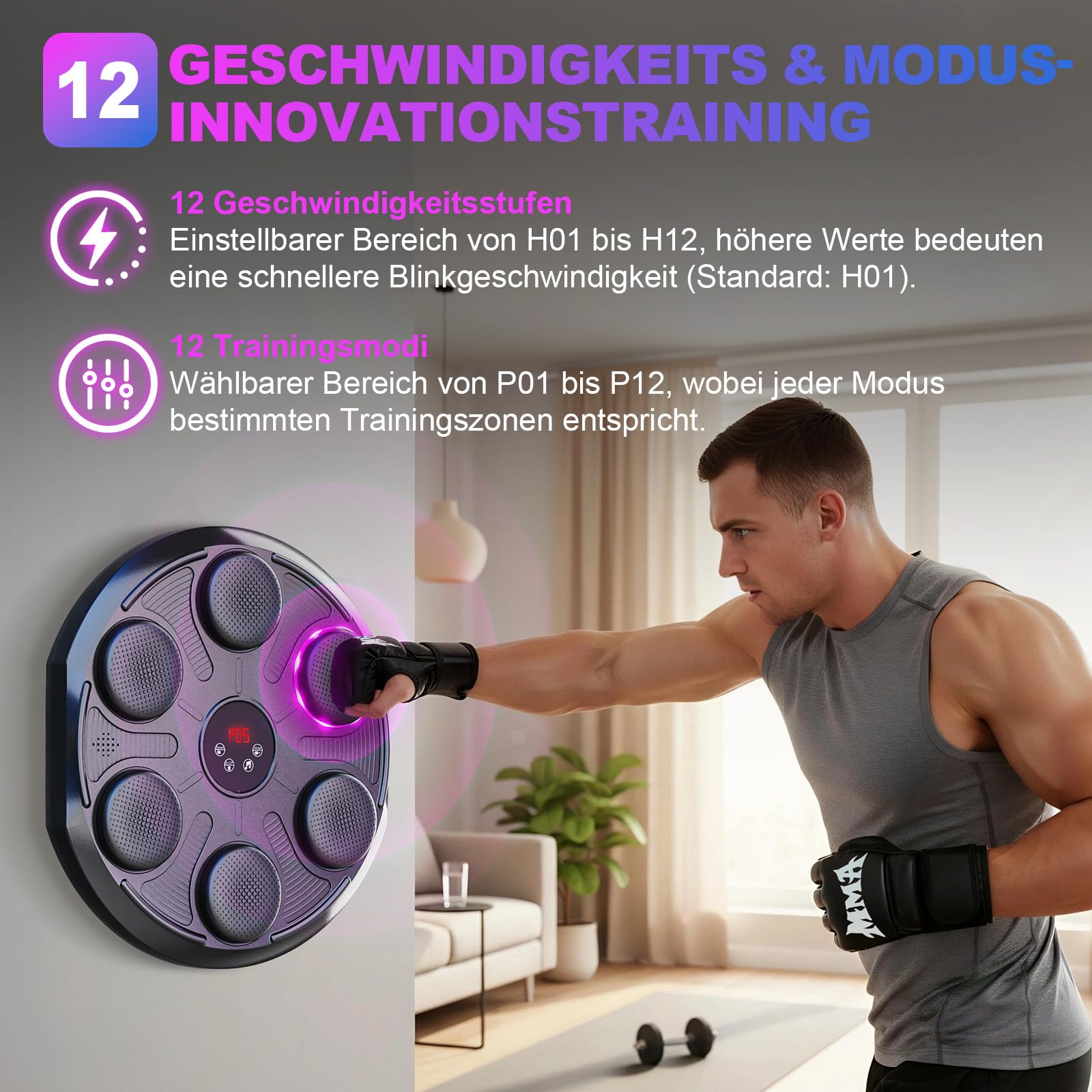Music Boxing Machine mit 12 Geschwindigkeiten & Modi, 1 Paar Boxhandschuhe, Bluetooth, LED-Lichter, Zählmodus, Elektronische Boxmaschine für Erwachsene und Kinder Zuhause, Home Fitness