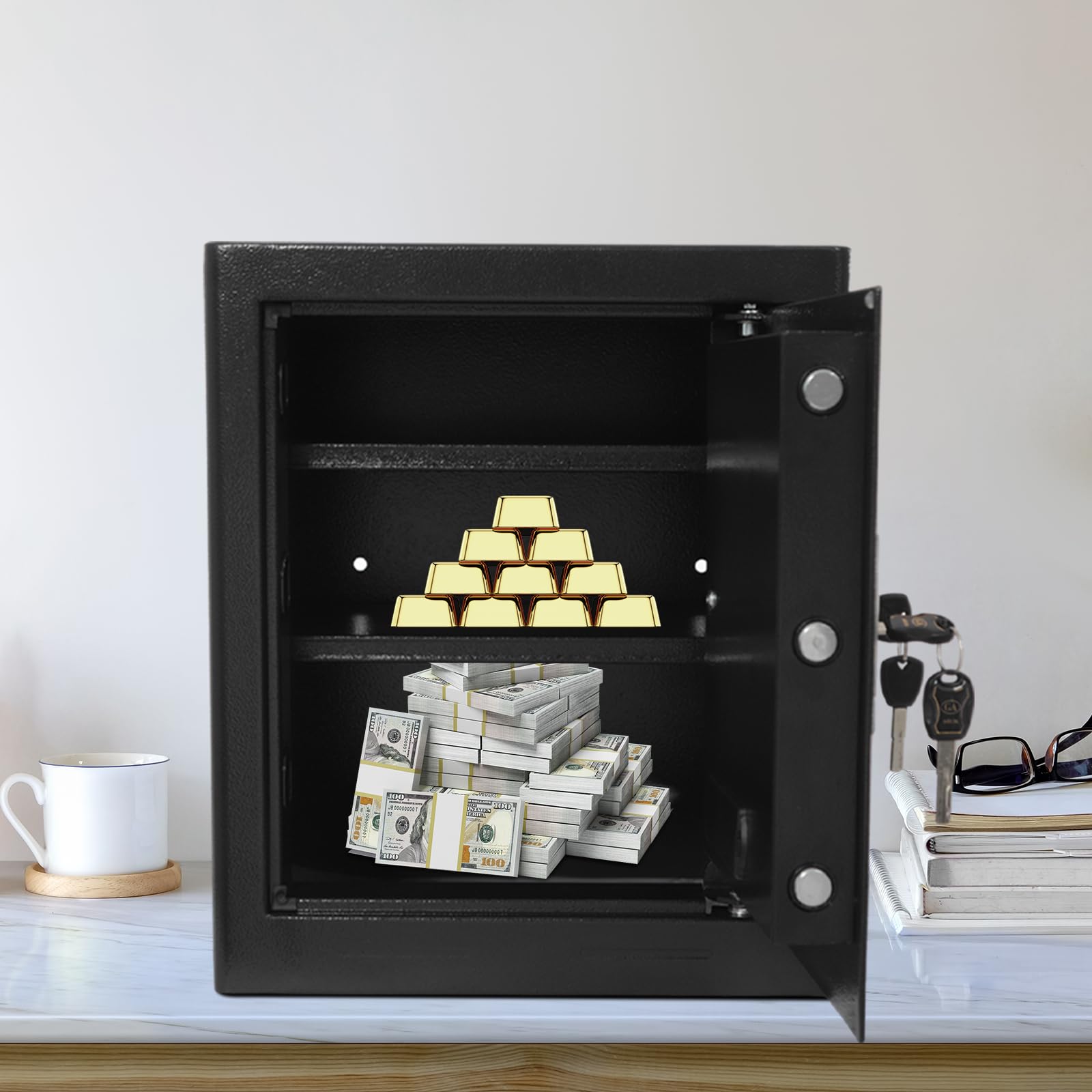 Elektronischer Tresor | 38 * 31 * 45cm | 43L Q195 Kohlenstoffstahl Doppelschloss Elektronischer Safe | Digitaler Safe Tresor mit 4 Schlüssel | für Schmuck Bargeld Dokumente