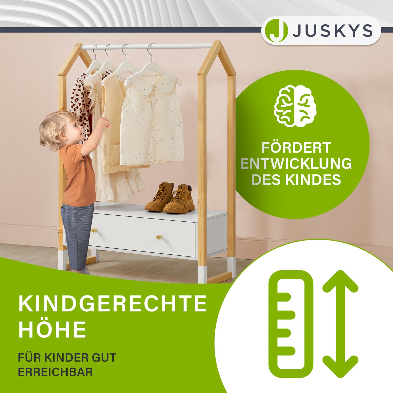 Juskys Kinder Kleiderständer Filla - große Schublade, Kleiderstange, offener Ständer - Kindergarderobe aus Holz - Mädchen & Jungs - Garderobe Weiß