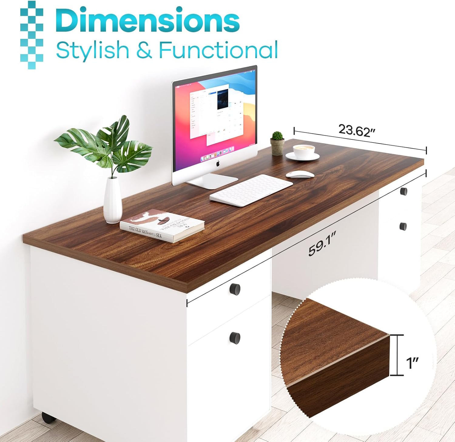 Kaboon Universal Tabletop 23.62" D x 59.1" W, Solid One-Piece Desktop for Sit Stand Desk, Double Desks, L Desk DIY,Wood Countertop Home or Commercial Use 1 inch Thick, Dark Walnut