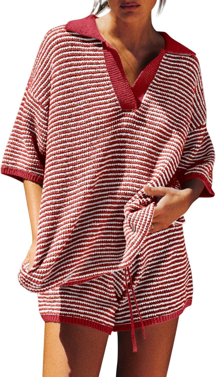 Tankaneo Womens Sweater Set 2 Piece Outfits Oversized 3/4 Sleeve V Neck Knit Tops High Waisted Shorts Lounge Sets