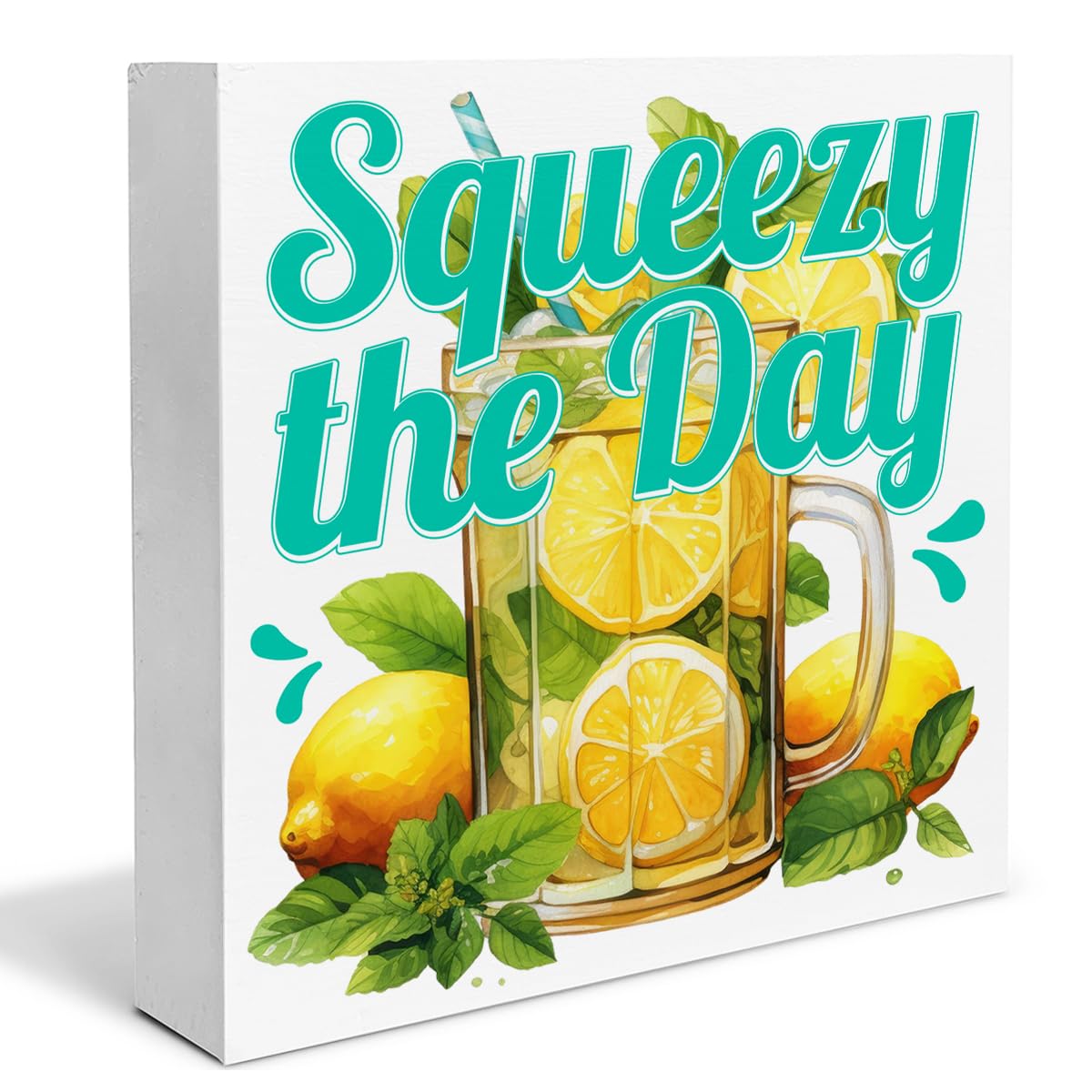 Lemon Decor Farmhouse Summer Wood Block Sign Lemonade Decorations for Home Kitchen Wall 5 x 5 Inches