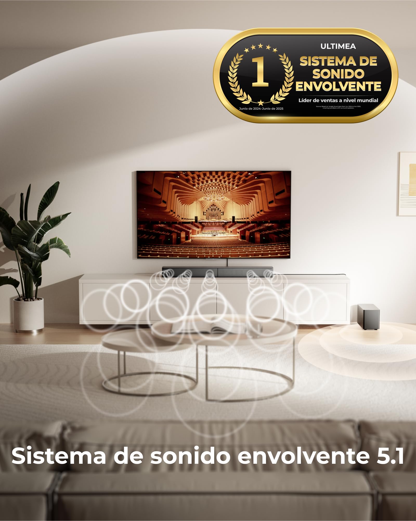 ULTIMEA 5.1ch Barra de Sonido TV con Dolby Atmos, Sistema de Sonido Envolvente para Home Cinema, Barra de Sonido con Subwoofer para TV, 340W, Bajos Ajustables, App, Bluetooth 5.4, Poseidon M60 Boom — view 5