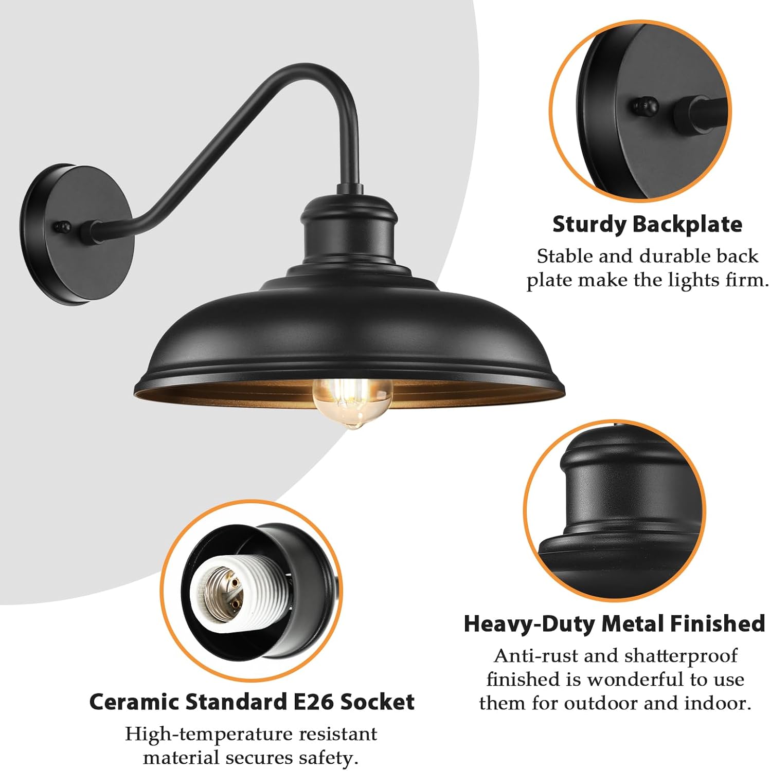 17.25” Outdoor Wall Light Fixtures 2-Pack, Farmhouse Black Barn Lights, Gooseneck Exterior Lighting Fixtures Wall Mounted, Porch Lights Waterproof, Anti-Rust Outdoor Lights for House Garage Entryway