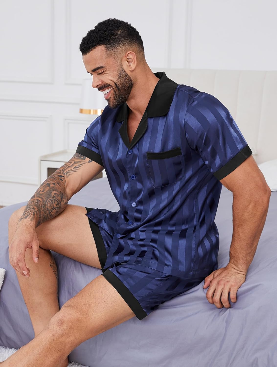 DEARCASE Men's Pajamas Set - Satin Silk Sleepwear, Short Sleeve Button Down 2 Piece Loungewear, Soft & Cooling Pjs for Men - Image 3