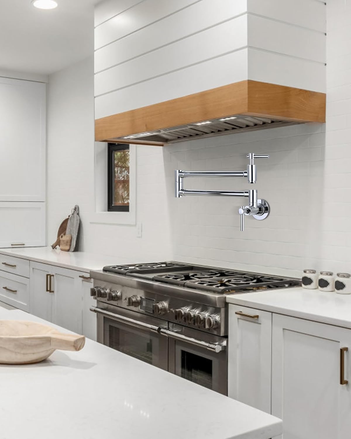 Wall Faucet, Pot Fillers Wall Mount for Kitchen, Solid Copper Chrome Pot Filler Single Hole Folding Faucet with Double Joint Swing Arm Pot Filler Over Stove