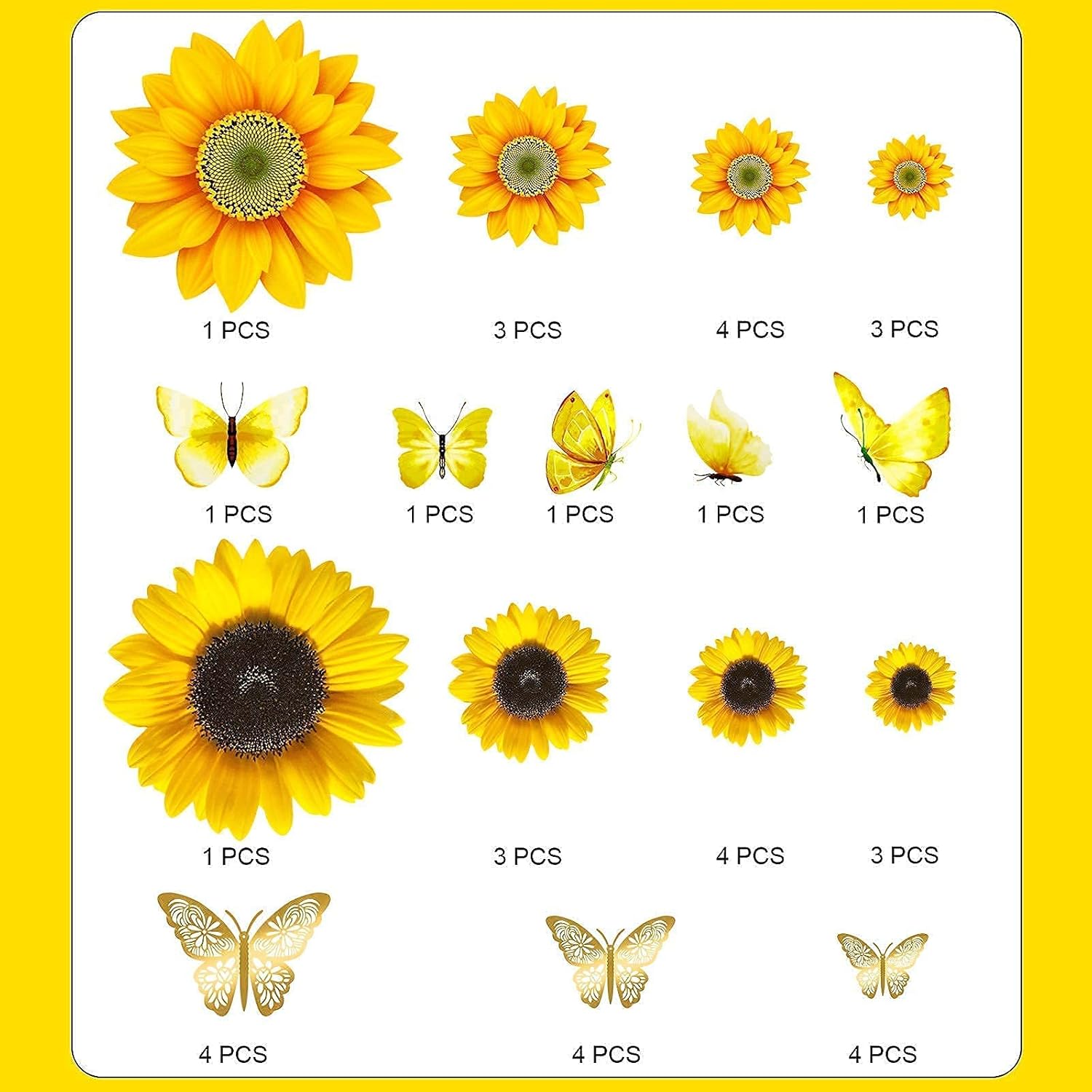 39 Pcs 3D Sunflowers with Butterfly Wall Decals Decor - Large Sunflower Wall Stickers Peel and Stick Yellow Floral Stickers for Home Kitchen Bedroom Bathroom Living Room Decorations