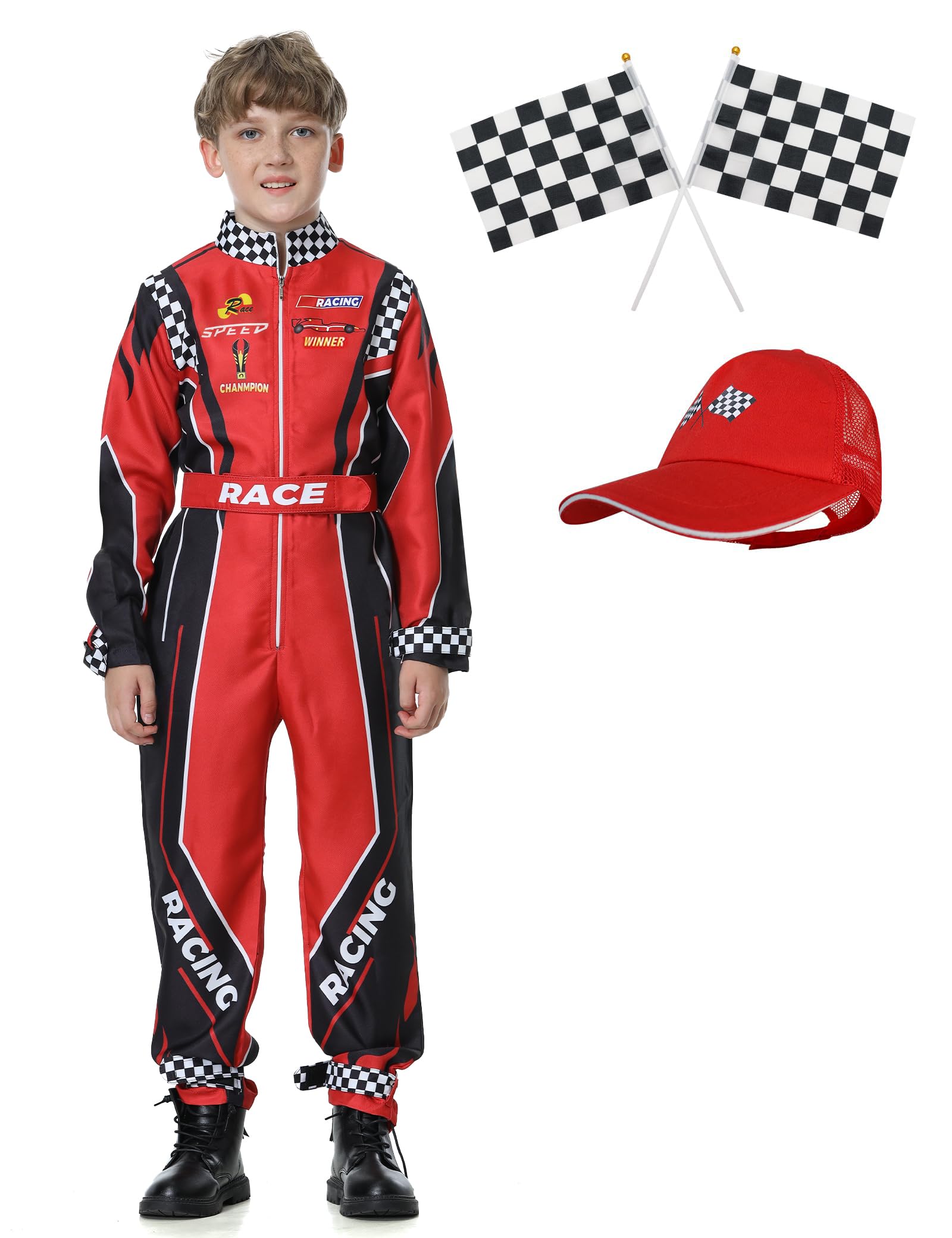 Race Car Driver Costume Boys Racer Jumpsuit With Car Cap Kids Dress Up for Halloween