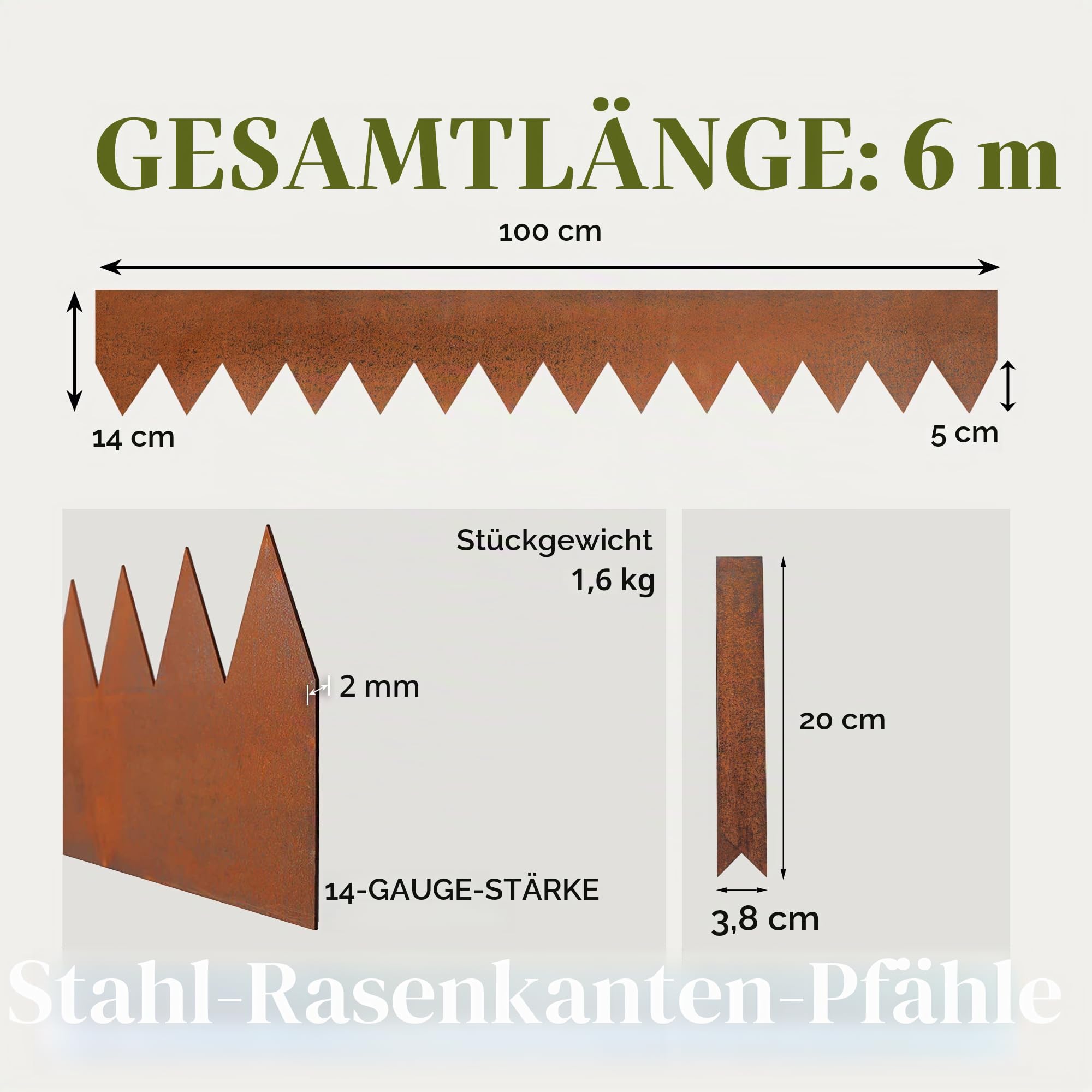 6M x 14 cm H Verzinkte Stahl Rasenkante Rostfarben Metall Rusty Langlebig Einschlagen Flexible Rasenkante Metalleinfassung mit 7 Clips und Handschuhen für Baumring Gartenbegrenzung