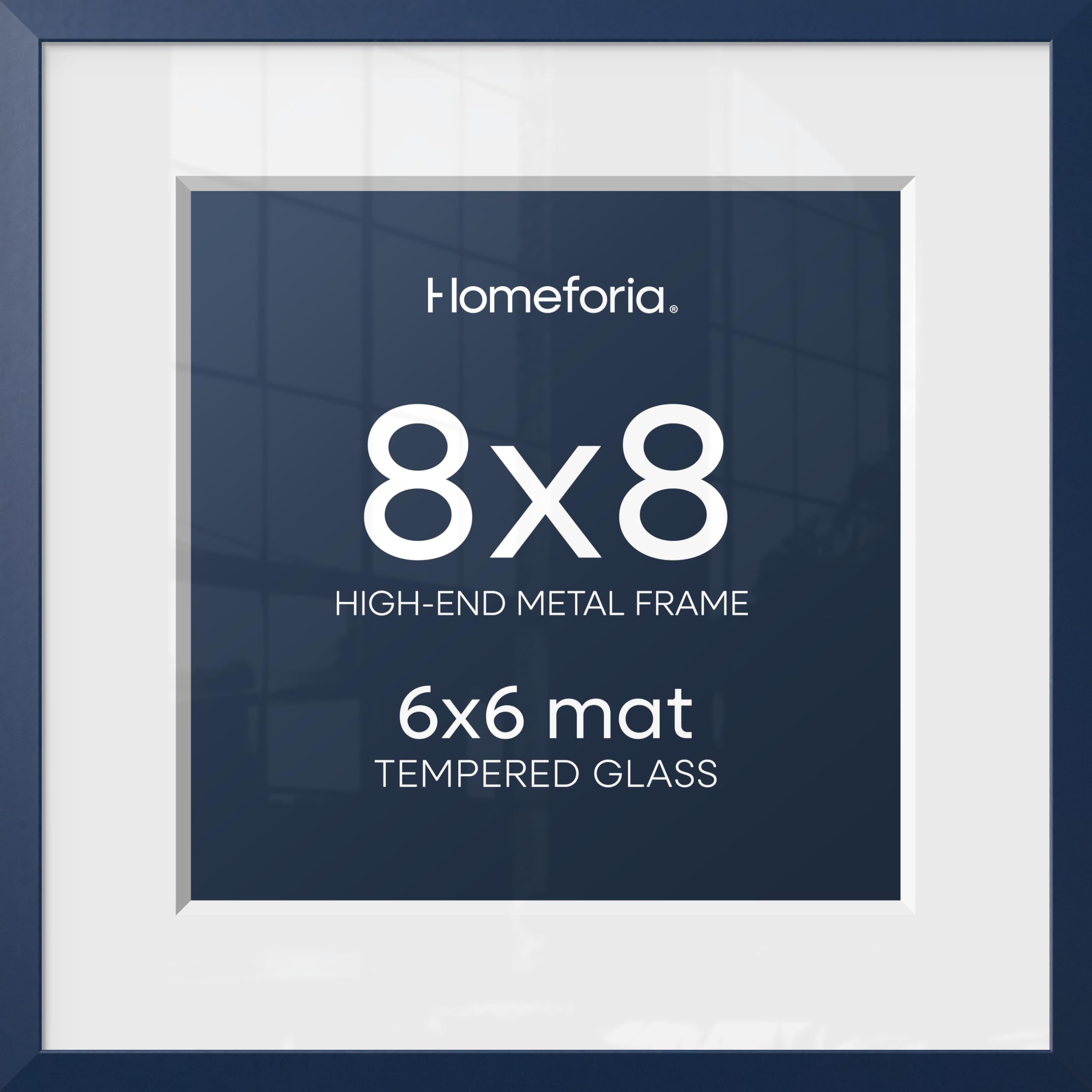 Homeforia 8x8 Blue Picture Frame, High-End Metal, 6x6 Mat, Glass | High End Aluminum, Tempered Glass, Acid-Free 6x6 Removable Mat, 8x8 in Edge-to-Edge Display 8x8, Wall Kit, Set Of 1