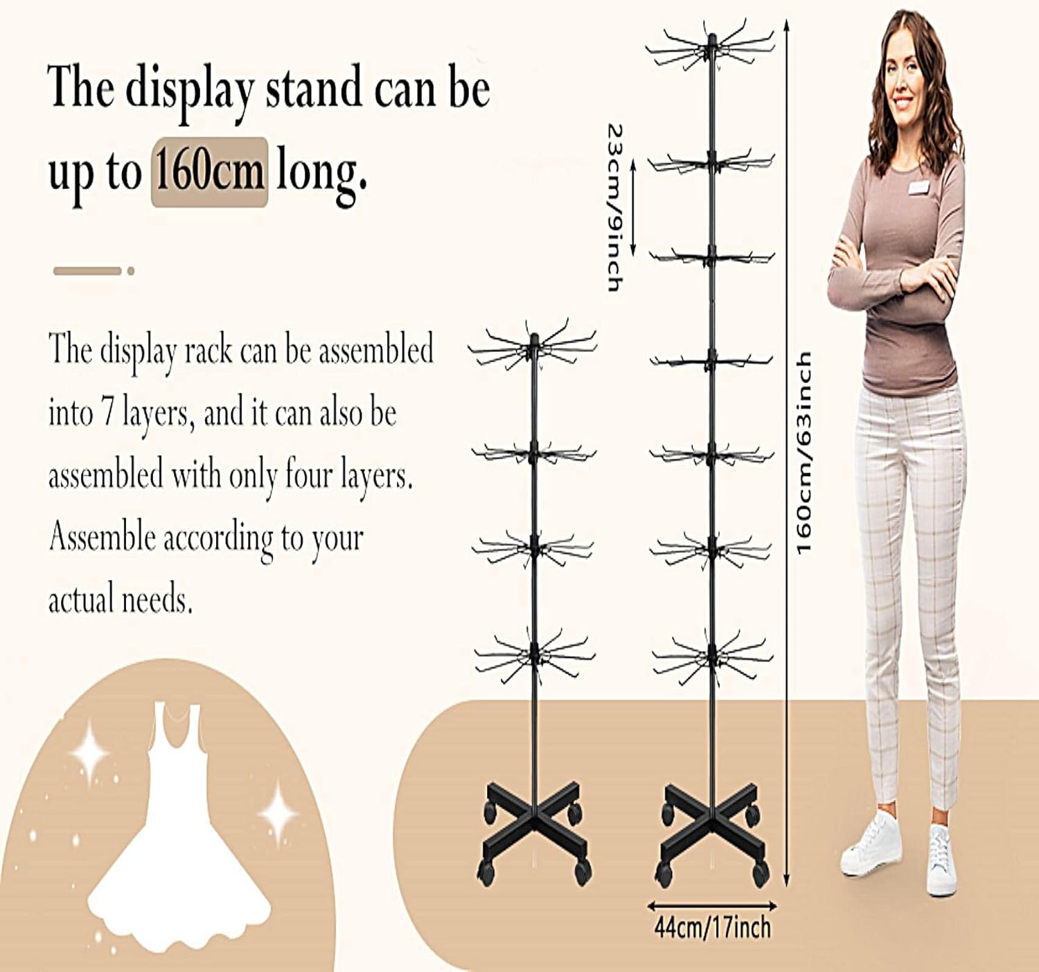 Retail Display Stand 7 Tier for Store Display Movable Shop Spinner Jewelry Keyring Socking Hats Toys Show Rack, Black, 17''D x 17''W x 63''H
