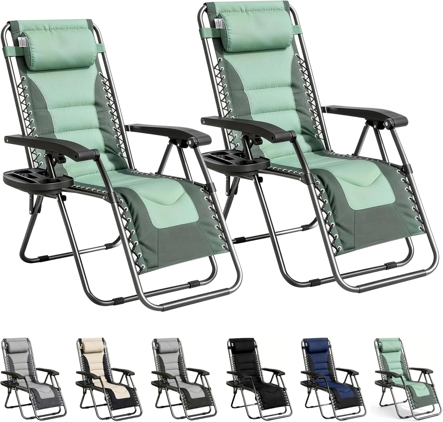 mcc direct Zero Gravity Sun Lounger Chairs Set of 2 – Padded Oxford Fabric Reclining & Folding Outdoor Garden Chairs with Headrest Pillow and Cup Holder (GREEN/GREEN) - OXFORD