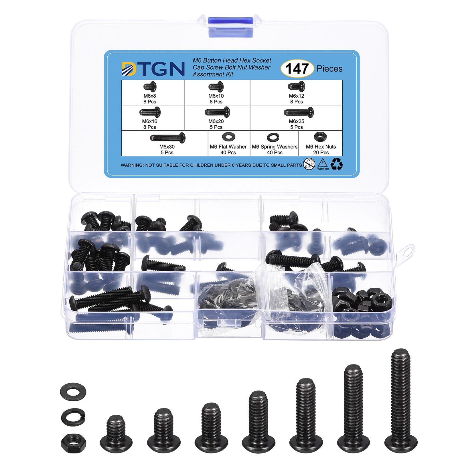 DTGN 147Pcs M6 Button Head Hex Socket Cap Screw - 8-30mm Bolt Nut Washer Assortment Kit Carbon Steel Black - Good for Machine Furniture