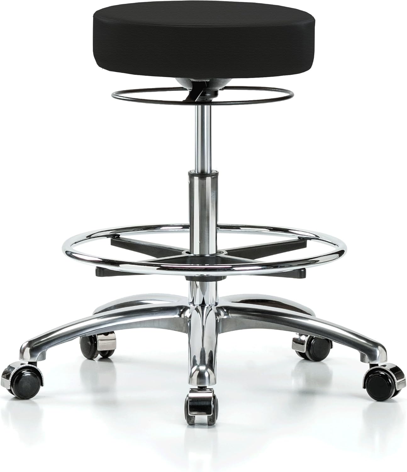 Perch Chrome Medical Rolling Stool with Foot Ring | Medium Bench Height 21-28.5" | Black Vinyl