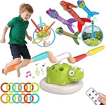 Indoor Outdoor Games for Kids, 3 in 1 Musical Jump, Ring Toss Game & Stomping Rocket Launcher for Kids, Dinosaur Sports & Outside Play Activities Toys with Remote Control for Toddlers 3-5 4-8
