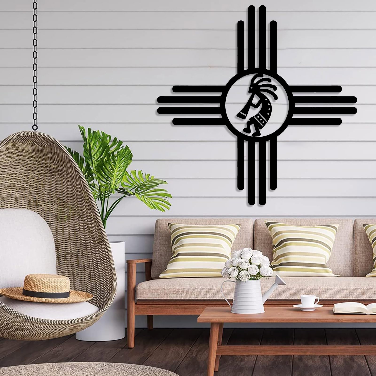 Decoración de pared abstracta contemporánea de metal con el símbolo del Sol ZIA y Kokopelli, arte, decoración, colgante, símbolo de Nuevo México, interior, exterior, jardín, patio (70x70 cm, negr