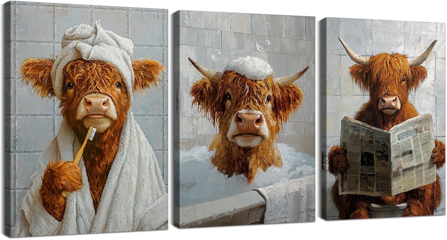 YOUHONG 3 Pieces Funny Bathroom Wall Art Farmhouse Highland Cow Canvas Animal Pictures Wall Decor, Funny Art Lightweight Wooden Frame Highland Cow Bathroom Decor Pictures (12''Wx16''Hx3PCS)