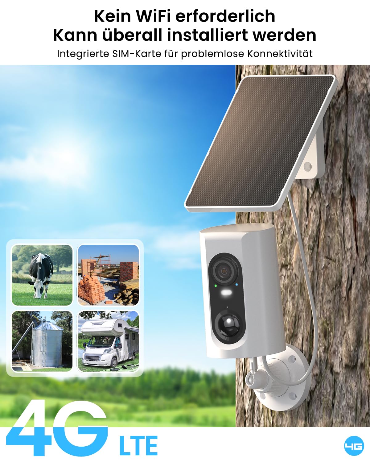 ANRAN 4G LTE Überwachungskamera Aussen,Ohne WLAN mit SIM-Karte | 2K Solar Kamera Outdoor mit Farbnachtsicht,PIR-Bewegungsmelder & 2-Wege-Audio,IP66 Wasserdicht,mit Alexa,GB SD-Karte