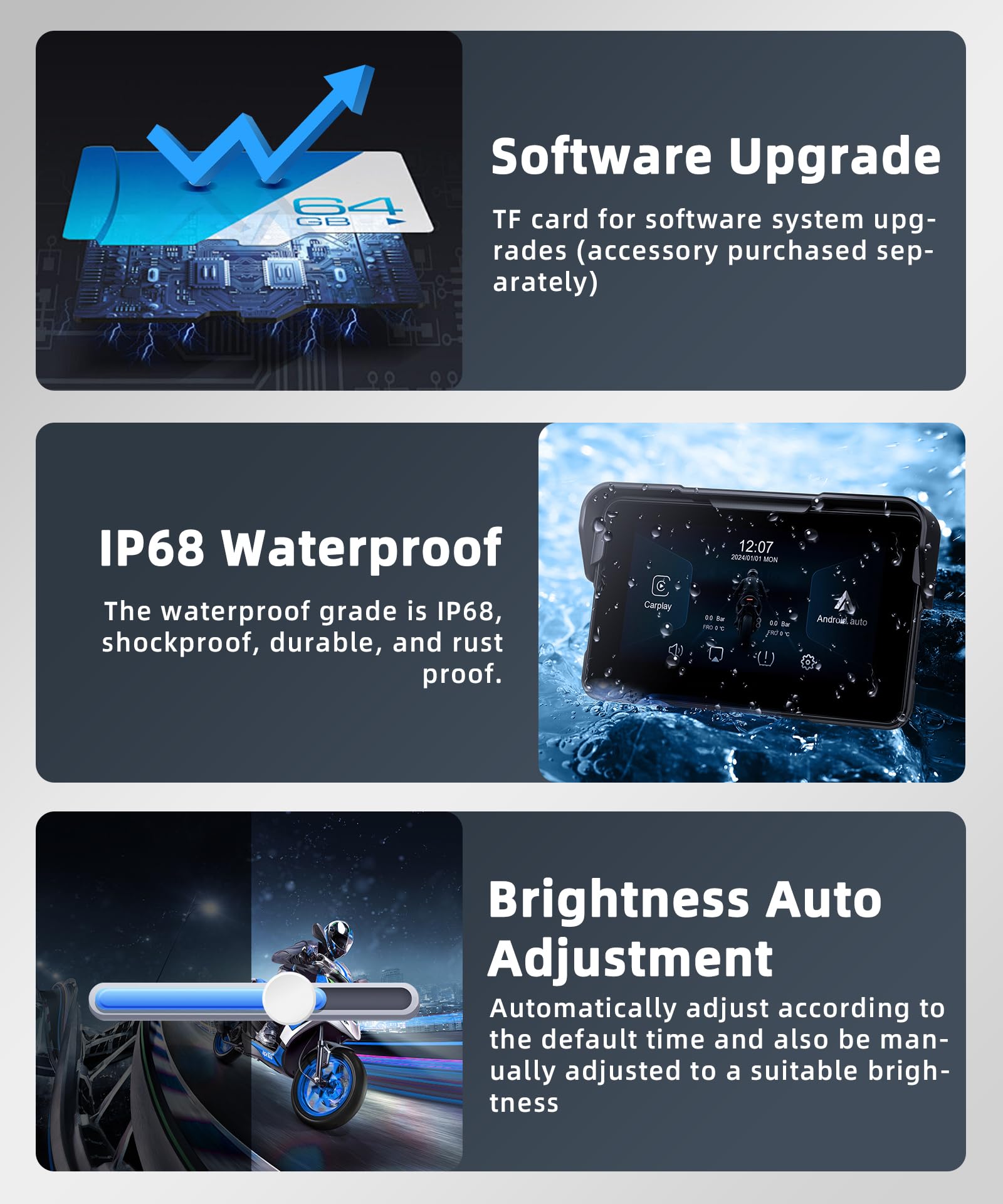 VECHTEL Kabelloser CarPlay Bildschirm 5 Zoll für Motorrad-Tragbares CarPlay & Android Auto,Wasserdichter Touchscreen mit Dual-Bluetooth,NAV/Siri Assistant/12V,Unterstützt Reifendruckkontrolle