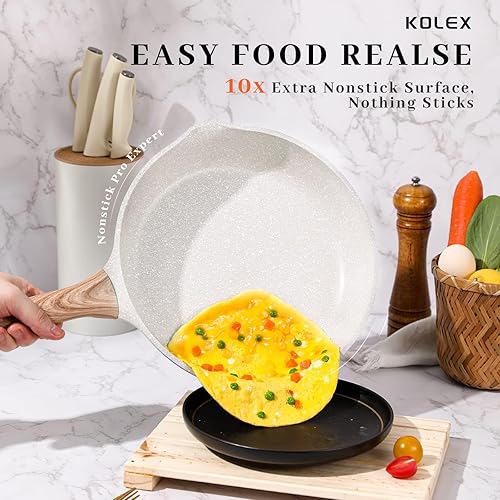 Miniatura 10 de KOLEX Juego de ollas y sartenes antiadherentes, juego de utensilios de cocina de inducción de granito blanco, 13 piezas antiadherentes con sartenes