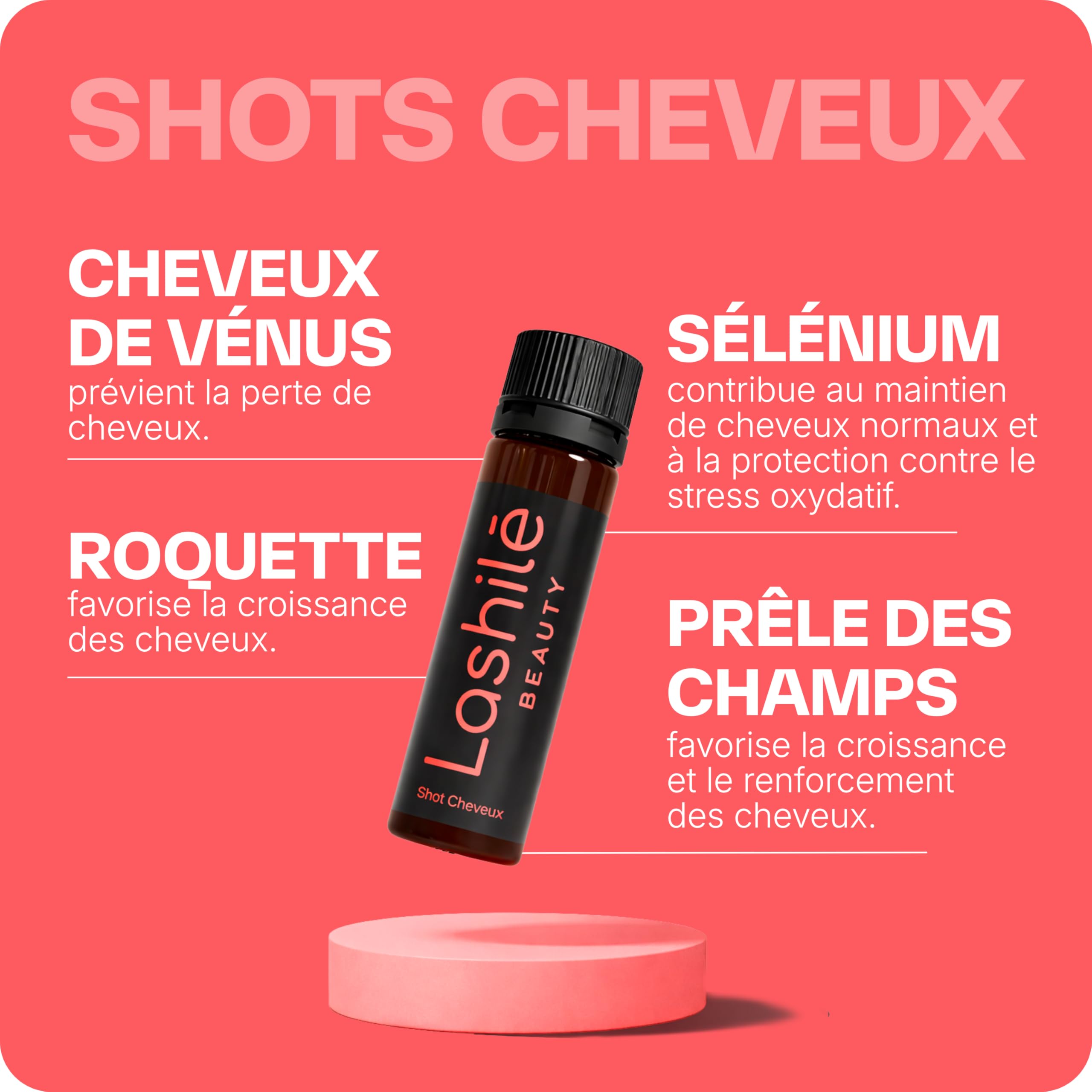 Lashilé Beauty - Complément Alimentaire - Formule 3 en 1 - Anti-chute croissance et fortification - Shots cheveux - Cheveux de vénus roquette prêle sélenium - Made in France - Programme 2 mois