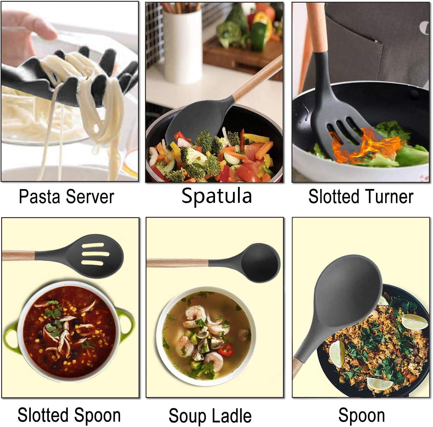WACOOL 10 Piece Silicone Cooking Kitchen Utensil Set Tools with Wood Handles Turner Tongs Spatula Spoon BPA Free Non Toxic