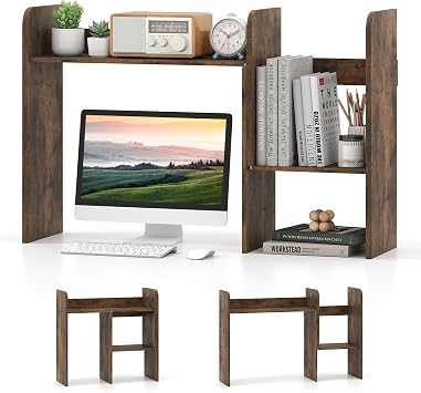 Tangkula Extendable Desktop Bookshelf, Dorm Desk Hutch, Rustic Brown