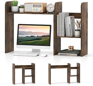 Tangkula Extendable Desktop Bookshelf, Dorm Desk Hutch, Rustic Brown