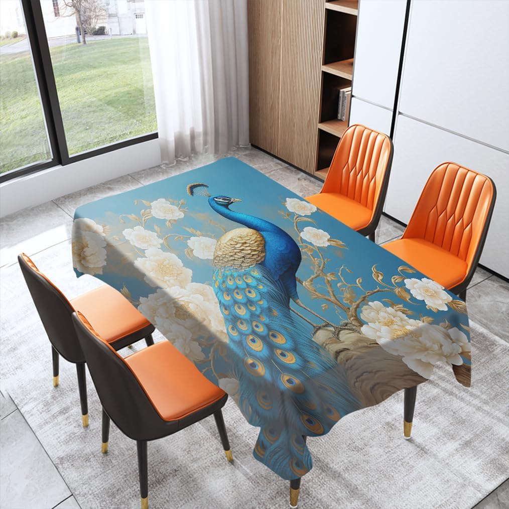 Fantasy Peacock Rectangle Table Cloth, Beautiful Flower Elegant Animal Pattern Tablecloth Waterproof Wrinkle Resistant Table Cover for Kitchen Dining Room Decoration 60Wx84L Inch