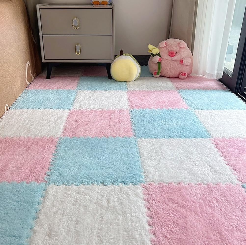 12pcs Carpet Squares Puzzle Floor Mat, Plush Interlocking Carpet Tiles, Anti Slip EVA Foam Jigsaw Floor Tiles, Build A Safe Area for Bedroom Playroom (White+Blue+Pink) — image 1