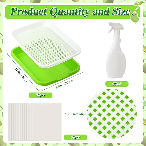 Miniatura 2 de Thrilez Kit de bandeja de germinación de semillas, paquete de 16 bandejas de cultivo de microverdes con papel de cultivo germinante y botella de