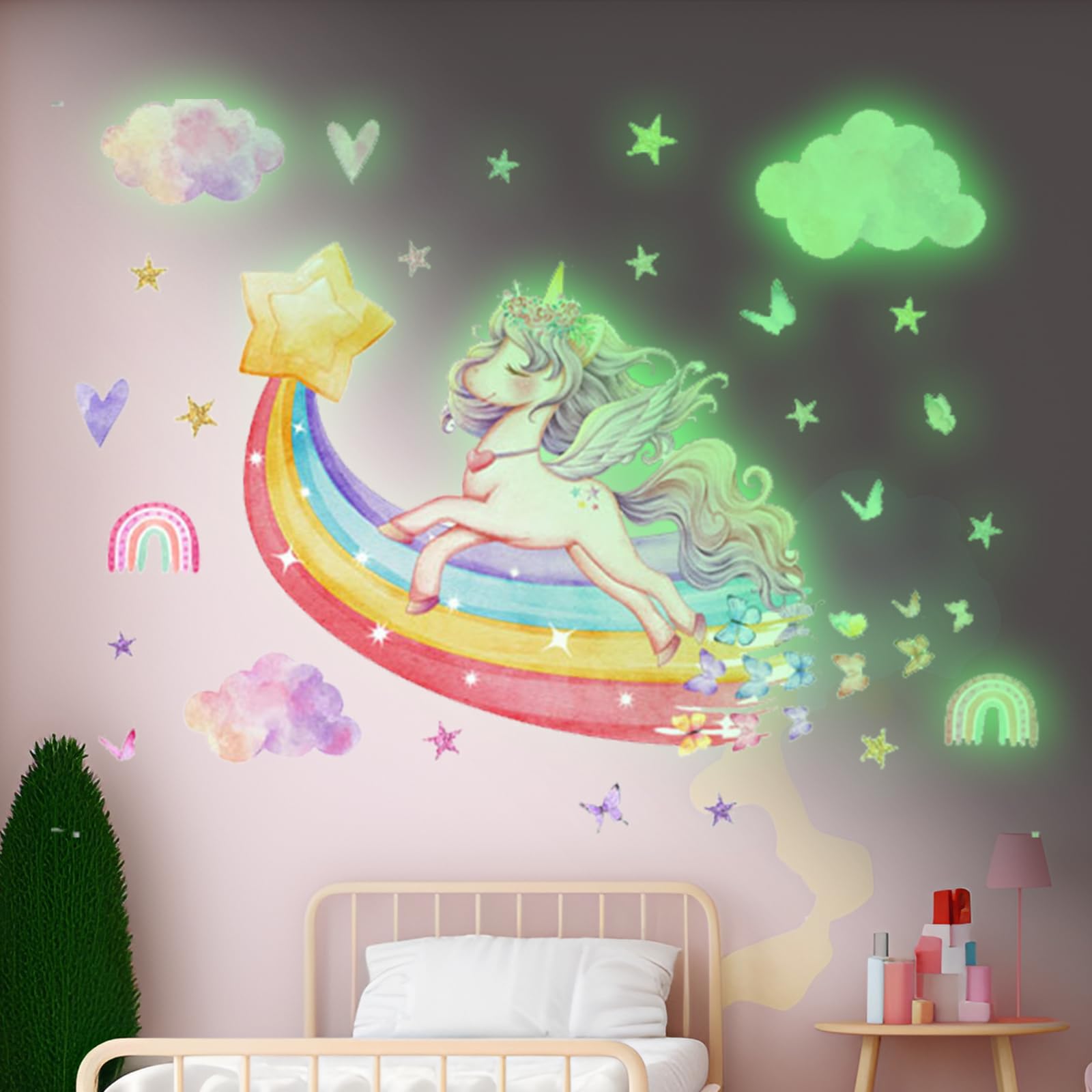 Pegatinas de Pared Unicornio Luminosas Pegatina Fluorescente Unicornio Arcoíris Fluorescente Arcoíris Adhesivos de Pared Decorativas Brillantes Estrellas Fosforescentes para Decoración de Habitaciones