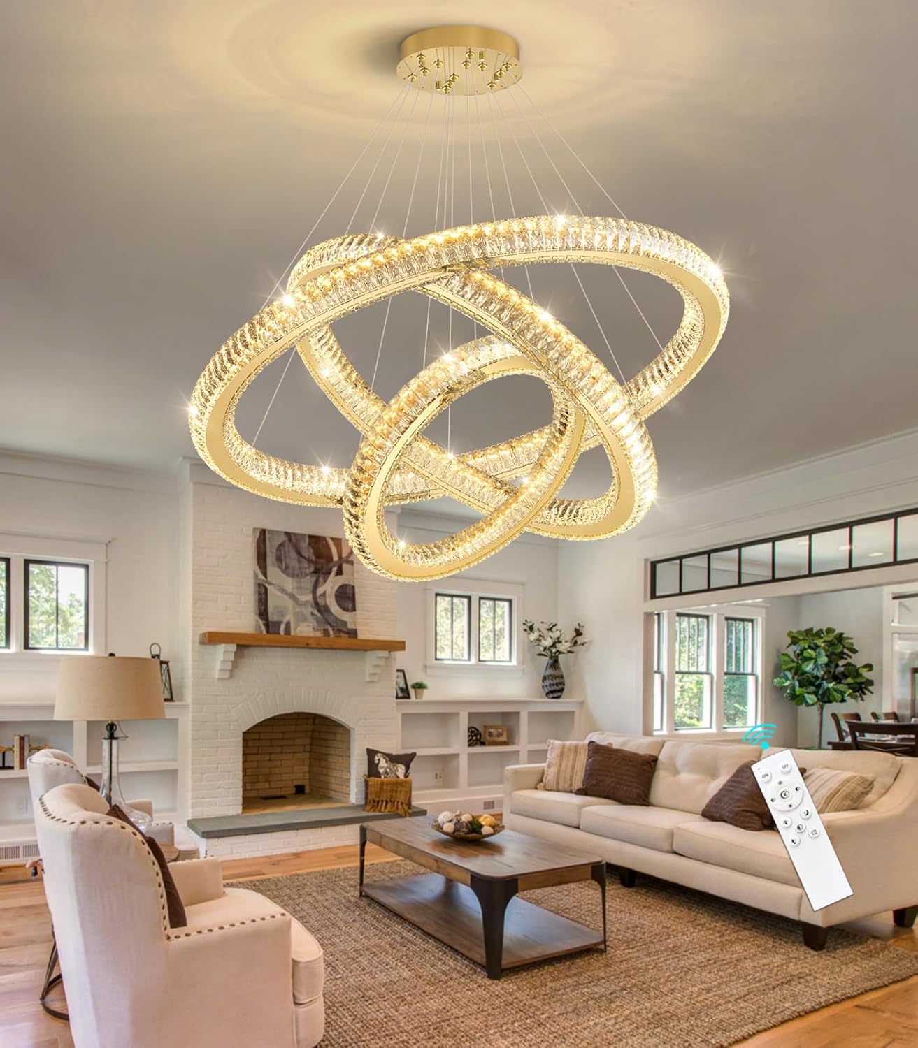 HAIXIANG 3 Rings Modern LED Chandelier Crystal Dimmable Large Foyer Chanderliers Entryway High Ceiling for Staircase Pendant Lights for Living Room Gold Light