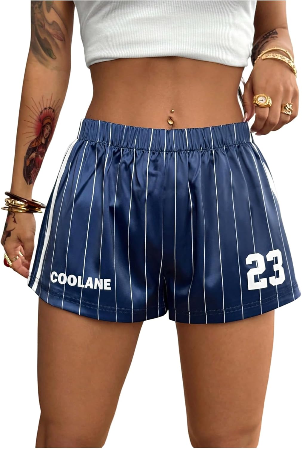 MakeMeChic Women's Striped Summer Shorts Wide Leg Workout Running Shrots Lounge Sweat Track Shorts Blue a Medium