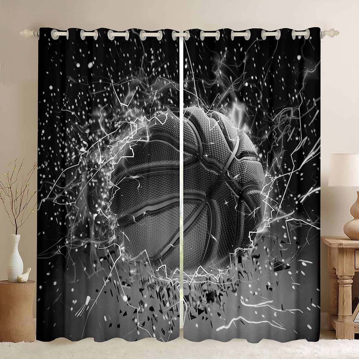 Castle Fairy Basketball Window Drapes Bedroom Decoration,3D Basketball Print Ball Game Window Treatments Polyester 52Wx84L,Sports Theme Lightning Blue Window Curtains (Not Blackout)